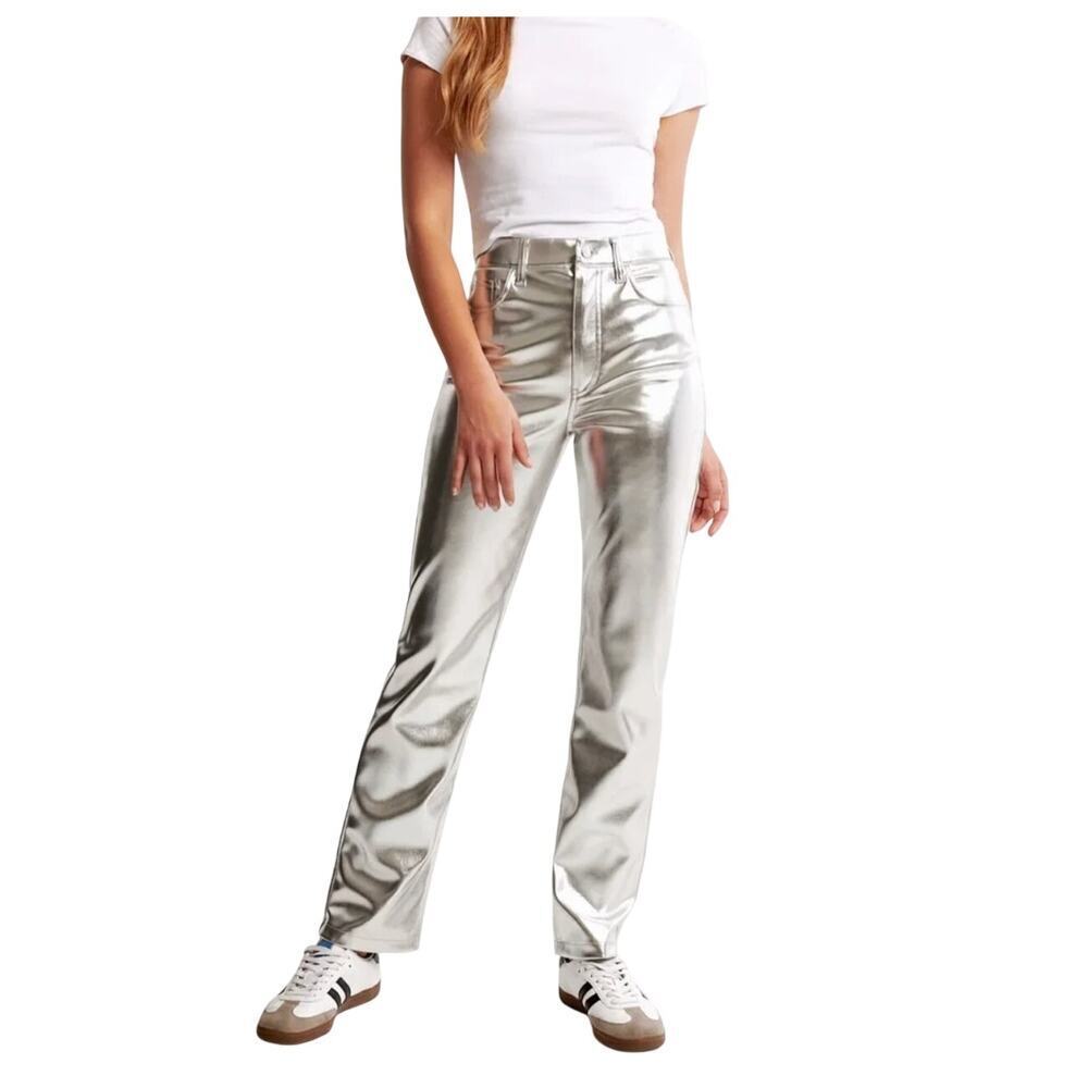 Abercrombie & Fitch High Rise 90s Relaxed Jean Silver Vegan Leather Pants